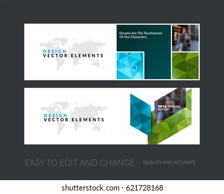 Vector set of modern horizontal website banners with green abstract rectangular shapes  for construction, teamwork, tech, communication. Clean web headers design with overlay effect. 
