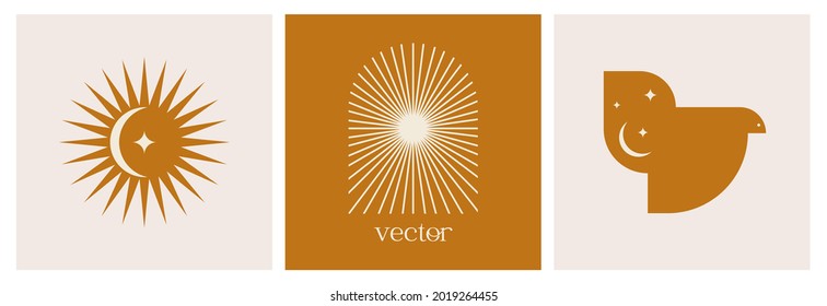 Vector set of modern icons and symbols. Sun and bird-design templates. abstract design elements for decoration in modern minimalist style for social media posts, stories. 