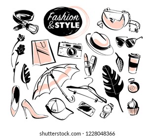 Vector set of modern lady fashion elements & accessories - shoes, glasses, cosmetics & aroma, monstera leaves, shopping bag, hat, smartphone isolated on white background. Hand drawn sketch style.