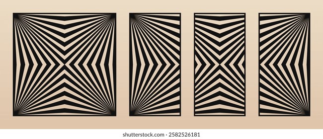 Vector set of modern laser cut panels. Stencils with abstract geometric pattern, diagonal broken lines, stripes, optical illusion. Decorative panels for cutting of wood, metal. Aspect ratio 1:2, 1:1