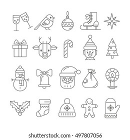 Vector set of modern line Christmas icons and symbols, including santa, deer, present, snowman, elf and mistletoe isolated on white.