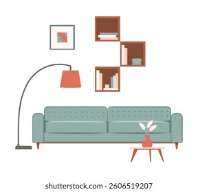 Vector set of modern living room furniture in flat design. Cozy sofa , coffee table,  lamp,  decor. Minimalist and stylish interior elements for home and apartment illustrations.
