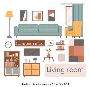 Vector set of modern living room furniture in flat design. Cozy sofa, armchair, coffee table, bookshelf, lamp, carpet, decor, and houseplants. Minimalist and stylish interior elements.