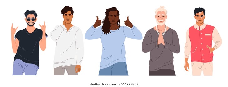Vector set of modern male characters in different poses on a white background. A group of people. Multicultural multinational men of different appearance in a flat style