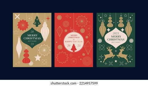 Vector set of modern Merry Christmas greetings cards with traditional christmas decoration