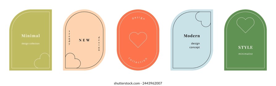 Vector set of modern minimal colorful frames with hearts. Simple art deco labels with copy space for text. Elegant abstract minimalist arch badges. Stylish linear shape borders. Trendy design element