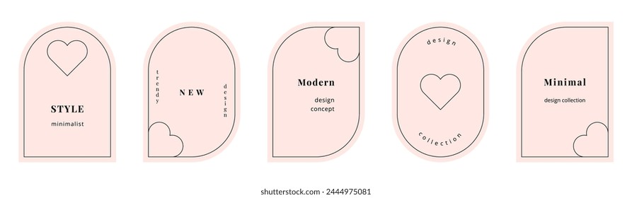 Vector set of modern minimal frames with hearts. Simple art deco labels with copy space for text. Elegant abstract minimalist arch badges. Stylish linear shape borders. Trendy geometric design element