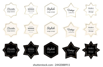 Vector set of modern minimal golden frames. Luxury labels with copy space for text. Simple abstract minimalist badges. Stylish linear shape logotype borders. Trendy geometric graphic design elements