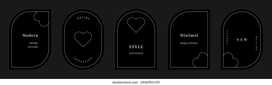 Vector set of modern minimal golden frames with hearts. Luxury black labels with copy space for text. Simple abstract minimalist badges. Stylish linear shape borders. Trendy geometric design elements