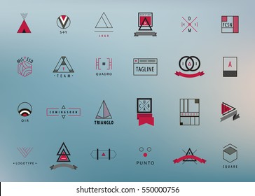 Vector set of modern and minimal outline logos, geometric - square, circle, triangle. Minimalism styled hipster icons for multiple use on blurred background. Creative ideas for brand identity work.