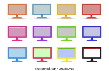 Vector set of modern monoblock desktop computers with blank screen isolated on transparent background