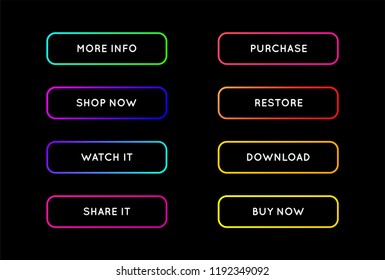 Vector Set of Modern Neon App or Game Buttons. Trendy gradient neon colors.
