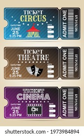 Vector set of modern paper tickets and take one sample icon. Cinema ticket. Theatre ticket. Circus ticket.