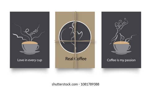 Vector set of modern posters in coffee style. Vintage or retro templates for flyers, invitations, restaurant or cafe menu design. Coffee cups with soaring word love, dancing couple and text