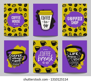 Vector set of modern posters with coffee backgrounds. Trendy hipster templates for flyers, banners, invitations, restaurant or cafe menu design. 