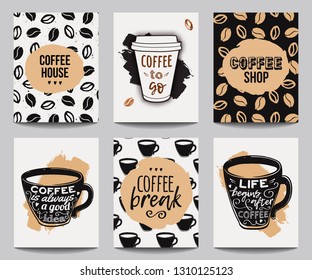 Vector set of modern posters with coffee backgrounds. Trendy hipster templates for flyers, banners, invitations, restaurant or cafe menu design. 