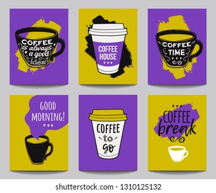 Vector set of modern posters with coffee backgrounds. Trendy hipster templates for flyers, banners, invitations, restaurant or cafe menu design. 