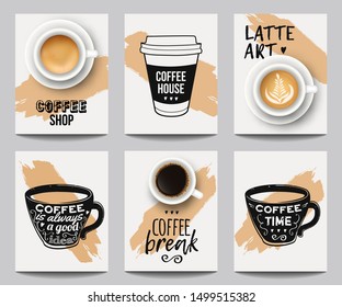 Conjunto vectorial de afiches modernos con fondo de café. Plantillas de moda para folletos, pancartas, invitaciones, diseño de menús de restaurantes o cafés.
