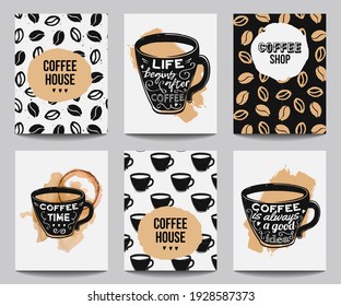 Vector set of modern posters with coffee backgrounds. Trendy hipster templates for flyers, banners, invitations, restaurant or cafe menu design.