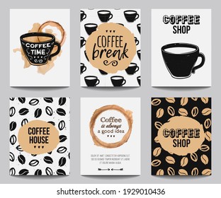 Vector set of modern posters with coffee backgrounds. Trendy hipster templates for flyers, banners, invitations, restaurant or cafe menu design.