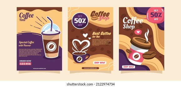Vector set of modern posters with coffee backgrounds. Trendy hipster templates for flyers, banners, invitations, restaurant or cafe menu design.
