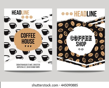 Conjunto vetorial de cartazes modernos com fundo de café. Modelos modernos com grãos de café e copos padrões para panfletos, banners, convites, restaurante ou design de menu de café.