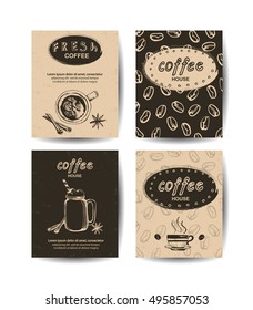 Vector set of modern posters with coffee backgrounds. Templates for flyers, banners, invitations, restaurant or cafe menu design.