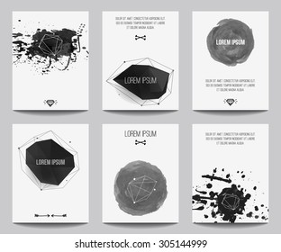 Vector set of modern posters with geometrical shapes and splashes. Trendy hipster style for flyers, banners, invitations, business contemporary design.