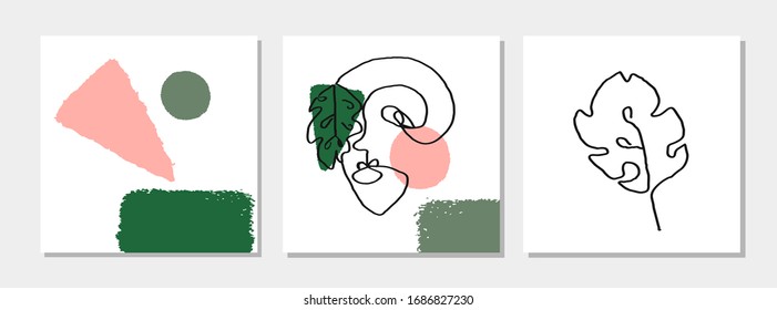 Conjunto vectorial de afiches modernos con ilustración de retrato y hoja tropical una línea. Estilo escandinavo. Para papel tapiz, papel textil, plantilla de tarjeta de felicitación, publicación en medios sociales,