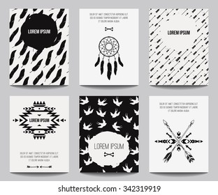 Vector set of modern posters with tribal elements: ethnic ornaments, arrows, dream catcher, feathers. Trendy boho style for banners, invitations, business design. Templates with american indian motifs