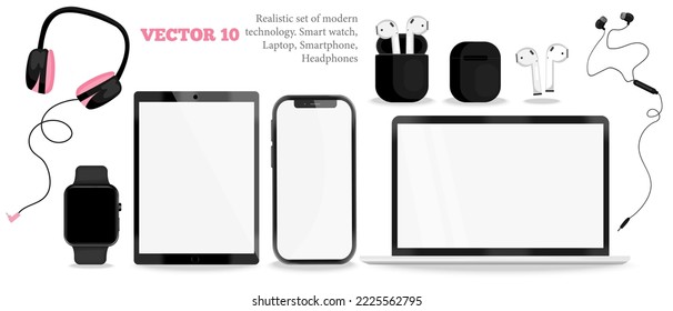 Conjunto de vectores de equipos realistas modernos. Portátil, tablet, smartphone, reloj inteligente, auriculares. Concepto de tecnología y negocios