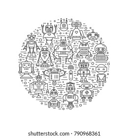 Vector set of modern robot character icons line style. Flat robots made in circle.