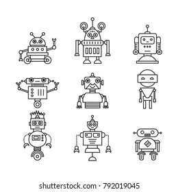 Vector set of modern robot character icons line style. Flat robots.