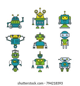 Vector set of modern robot character icons line style. Flat robots.