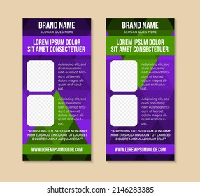 Vector set of modern roll up banner stand design with purple and green triangles with overlap effect for business with construction, building and modern concept. Corporate vector vertical flyer.