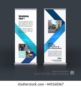 Vector set of modern Roll Up Banner Stand Design with blue abstract with ribbon stripe shape in polygonal style for technology concept layout for business. Corporate vertical flyer.