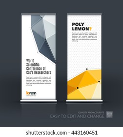 Vector set of modern Roll Up Banner Stand Design with abstract polygonal background with grid hi-tech communication connection concept. Creative corporate vertical flyer.