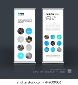 Vector set of modern Roll Up Banner Stand Design with blue rounds circles for business technology leaflet layout with polygonal effect. Corporate vector vertical flyer. 