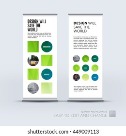 Vector set of modern Roll Up Banner Stand Design with green rounds circles for business technology leaflet layout with polygonal effect. Corporate vector vertical flyer. 