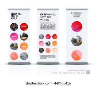 Vector set of modern Roll Up Banner Stand Design with red rounds circles for business technology leaflet layout with polygonal effect. Corporate vector vertical flyer. 
