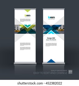 Vector set of modern roll up banner stand design with blue arrows, triangles with overlap effect for business with construction, building and modern concept. Corporate vector vertical flyer. 
