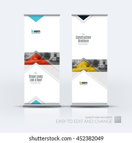 Vector set of modern roll up banner stand design with red arrows, triangles with overlap effect for business with construction, building and modern concept. Corporate vector vertical flyer. 
