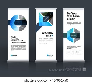 Vector set of modern roll up banner stand design with blue geometric shapes with overlap effect for business with construction and industrial concept. Corporate vector vertical flyer.