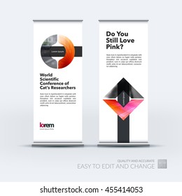 Vector set of modern roll up banner stand design with red circle, arrow, geometric shapes with overlap effect for business with construction and industrial concept. Corporate vector vertical flyer.