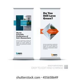 Vector set of modern roll up banner stand design with grey arrow geometric shapes with overlap effect for business with construction and industrial concept. Corporate vector vertical flyer.