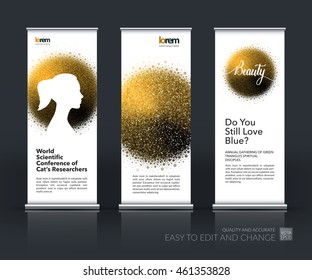 Vector set of modern roll up banner vertical stand design with beauty glitter female for greeting card template, woman magazine, website with splash and artistic effect for beauty salon and event.