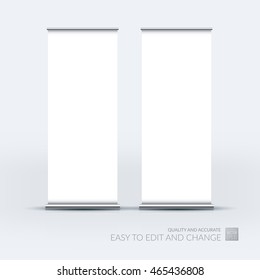 Conjunto de vectores de diseño moderno de banner en rollo con blanco vacío para empresas con tubos cromados. Volante vertical corporativo.Burla. 