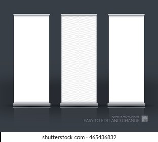 Vector set of modern roll up banner stand design with empty blank for business with chrome tubes. Corporate vertical flyer. Mock-up. 