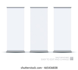Vector set of modern roll up banner stand design with empty blank for business with chrome tubes. Corporate vertical flyer. Mock-up. 
