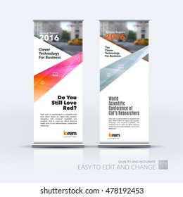 Vector set of modern roll Up Banner stand design with abstract with red lines, arrow, ribbon with overlap effect for business and finance. Corporate vertical flyer.